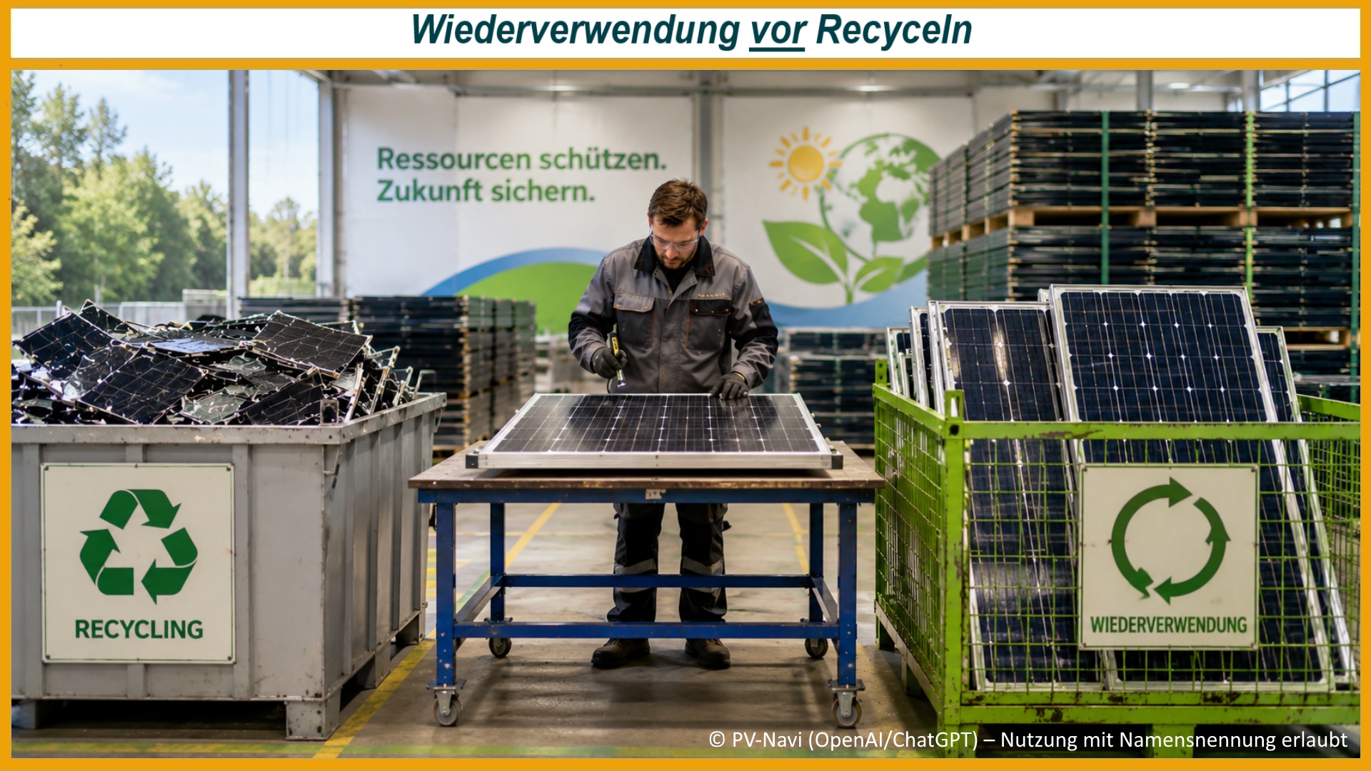 Techniker prüft gebrauchte Photovoltaikmodule und sortiert sie für Wiederverwendung oder Recycling nach ihrem Zustand.