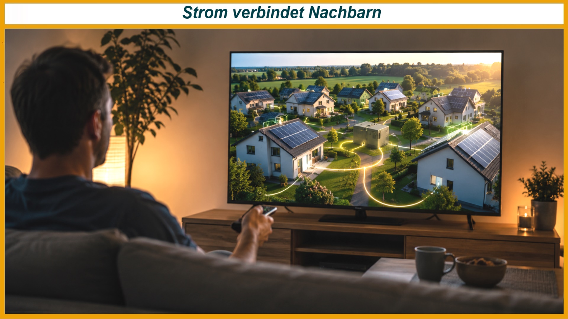 Ein Zuschauer verfolgt im Fernsehen einen Beitrag über Energy Sharing und eine vernetzte Solarsiedlung.