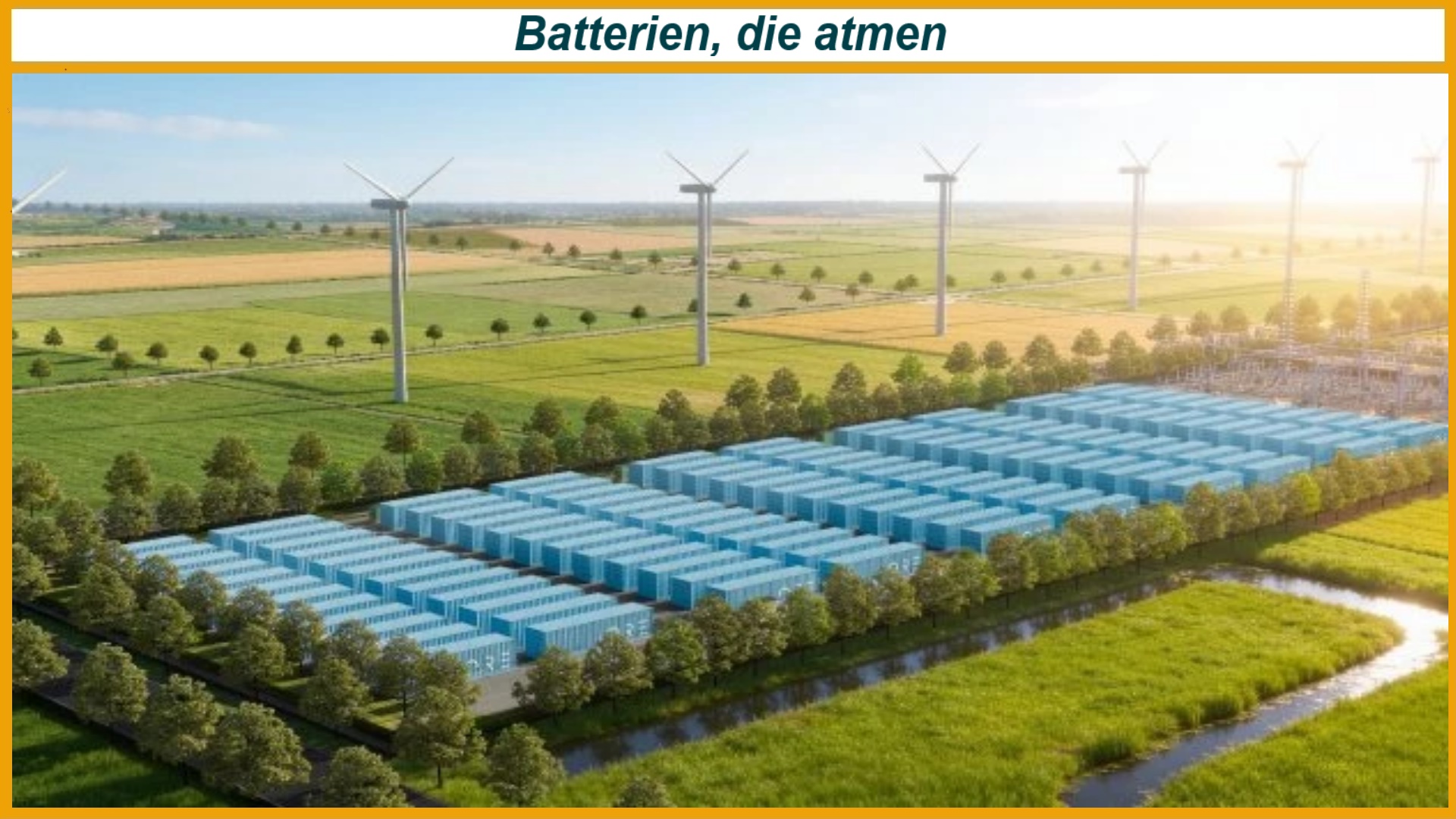 Illustration eines Eisen-Luft-Speichers mit Windenergieanlagen als Langzeitspeicher für erneuerbare Energien.
