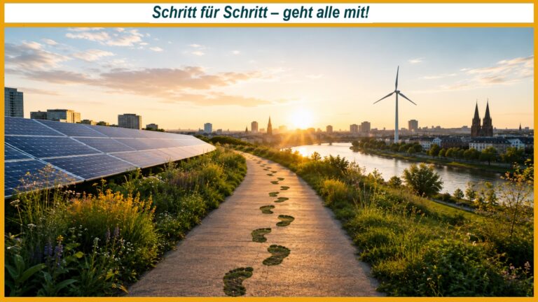 Symbolischer Weg mit Fußspuren, Photovoltaik, Windenergie und Stadtbild als Sinnbild für Bremens Klimaneutralität.