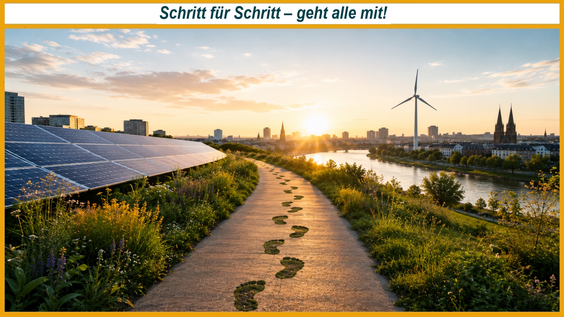 Symbolischer Weg mit Fußspuren, Photovoltaik, Windenergie und Stadtbild als Sinnbild für Bremens Klimaneutralität.