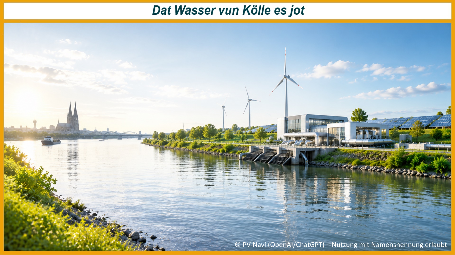 Visualisierung einer Flusswasser-Wärmepumpe am Rhein mit Photovoltaik, Windenergie und klimafreier Fernwärmeversorgung