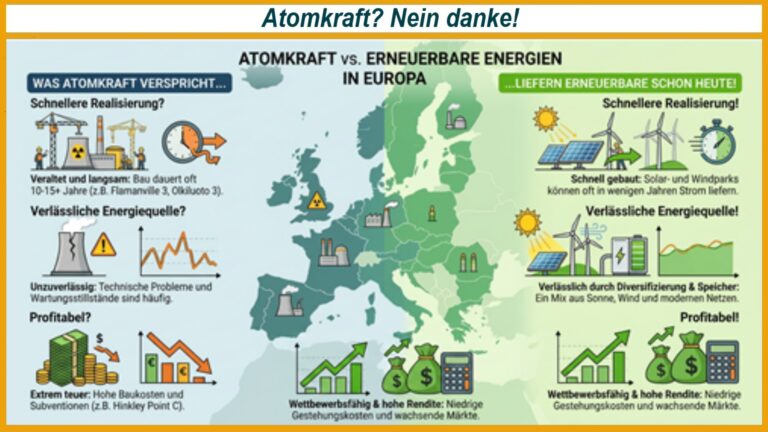 Infografik mit einer Gegenüberstellung von Atomkraft und erneuerbaren Energien. Verglichen werden unter anderem Bauzeit, Kosten, Versorgungssicherheit, Klimawirkung und Wirtschaftlichkeit.