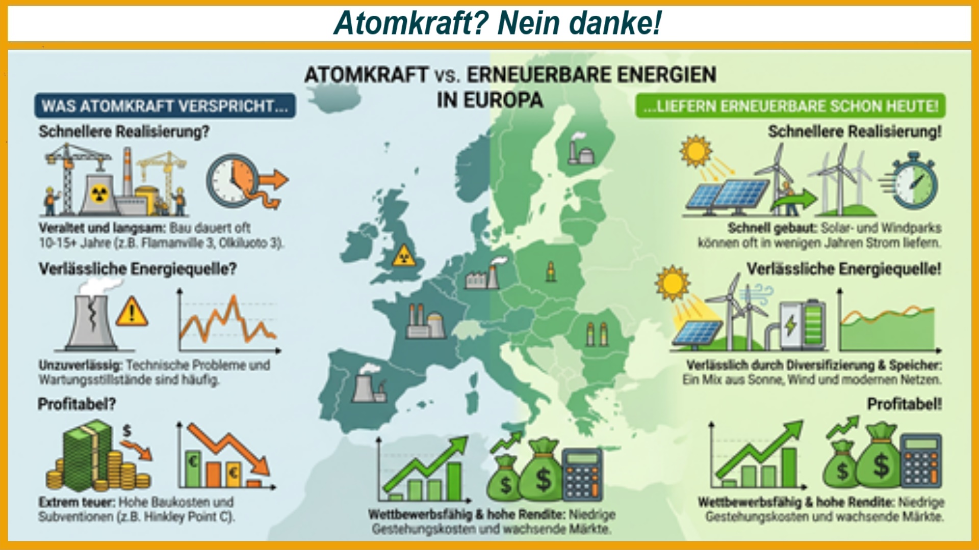 Infografik mit einer Gegenüberstellung von Atomkraft und erneuerbaren Energien. Verglichen werden unter anderem Bauzeit, Kosten, Versorgungssicherheit, Klimawirkung und Wirtschaftlichkeit.