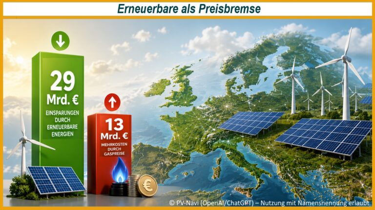 Eine Europakarte mit Windrädern, Solaranlagen und Vergleichsbalken verdeutlicht den Einfluss erneuerbarer Energien auf sinkende Energiekosten und eine geringere Abhängigkeit von fossilen Brennstoffen.