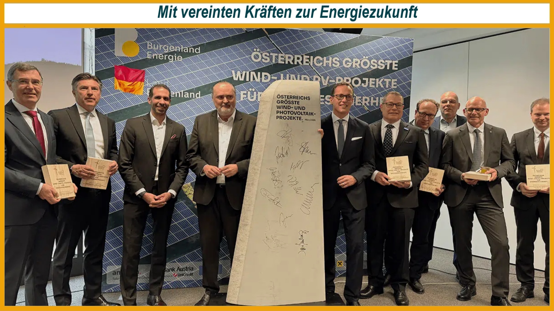 Vertreter des Landes Burgenland, der Burgenland Energie und weiterer Projektpartner präsentieren das Ausbauprogramm für Österreichs größte Wind- und Photovoltaikprojekte.