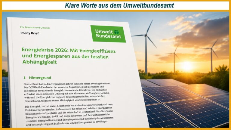 Visualisierung des Policy Briefs des Umweltbundesamtes zur Energiekrise vor einer Landschaft mit Photovoltaikanlagen und Windkraft. Das Motiv steht symbolisch für Energieeffizienz, erneuerbare Energien und den Ausstieg aus fossilen Energieträgern.
