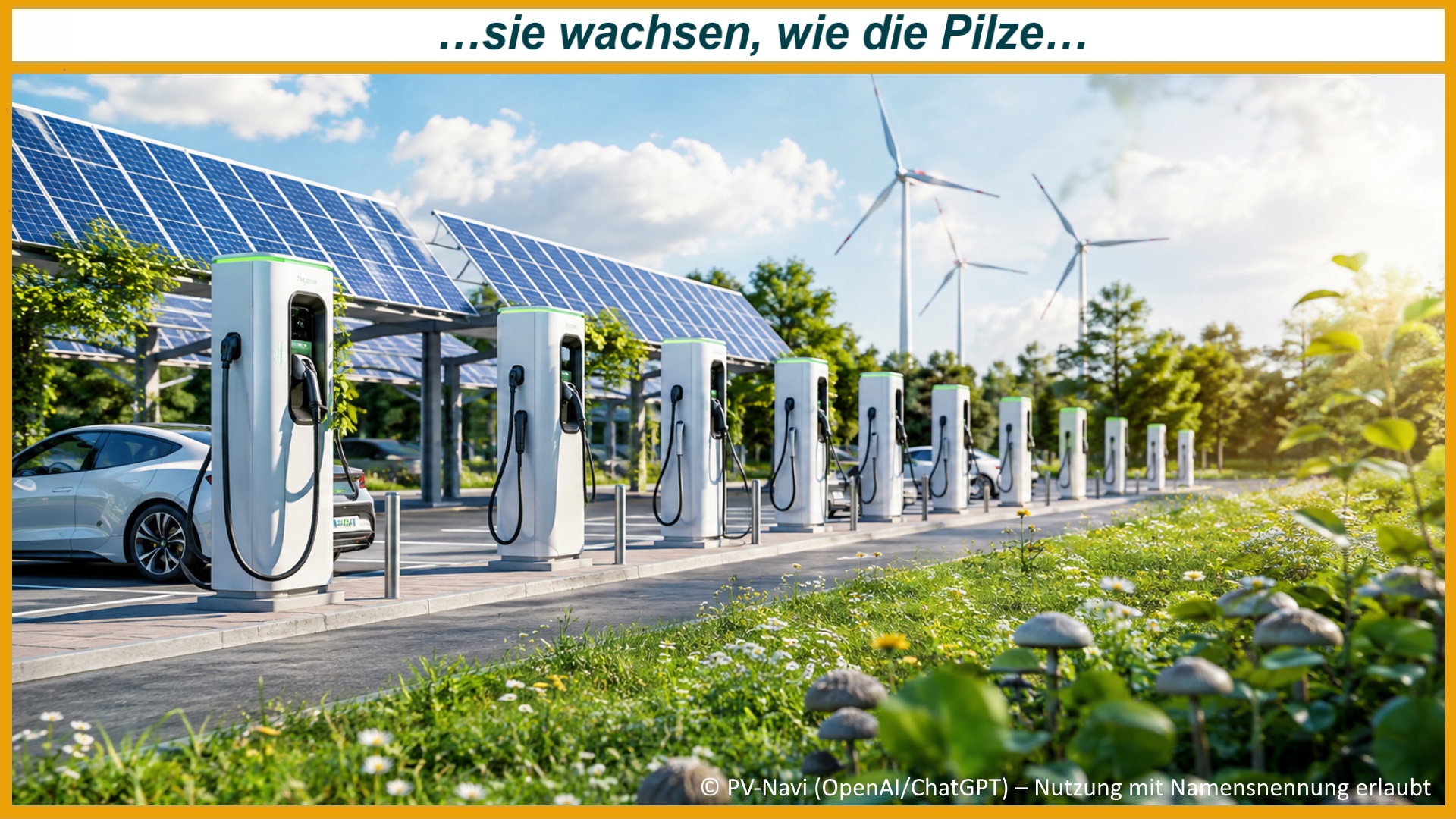 Ein moderner Ladepark mit zahlreichen öffentlichen Ladesäulen, Photovoltaik-Carports und Windkraftanlagen steht symbolisch für den schnellen Ausbau der Ladeinfrastruktur in Deutschland.