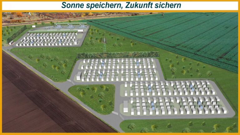 Visualisierung des geplanten Batteriespeichers in Förderstedt im Salzlandkreis. Die Anlage soll überschüssigen Strom aus Wind- und Solaranlagen zwischenspeichern und bei Bedarf wieder ins Stromnetz einspeisen.