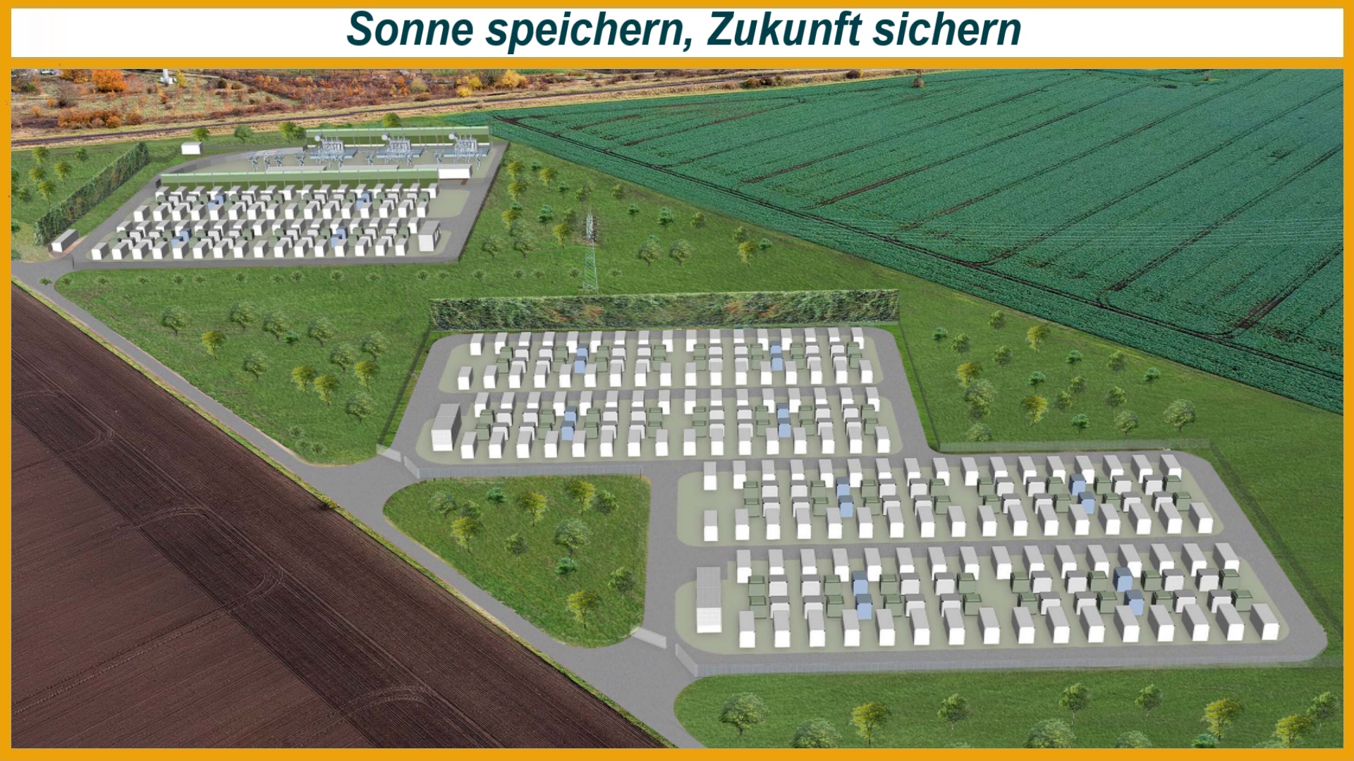 Visualisierung des geplanten Batteriespeichers in Förderstedt im Salzlandkreis. Die Anlage soll überschüssigen Strom aus Wind- und Solaranlagen zwischenspeichern und bei Bedarf wieder ins Stromnetz einspeisen.