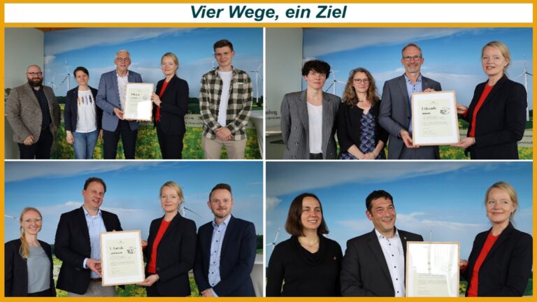 Collage der Urkundenübergaben an Freiburg, Ludwigsburg, den Landkreis Calw und Denzlingen. Die vier Kommunen und Regionen wollen mit konkreten Klimaschutzmaßnahmen bereits bis 2035 Klimaneutralität erreichen.