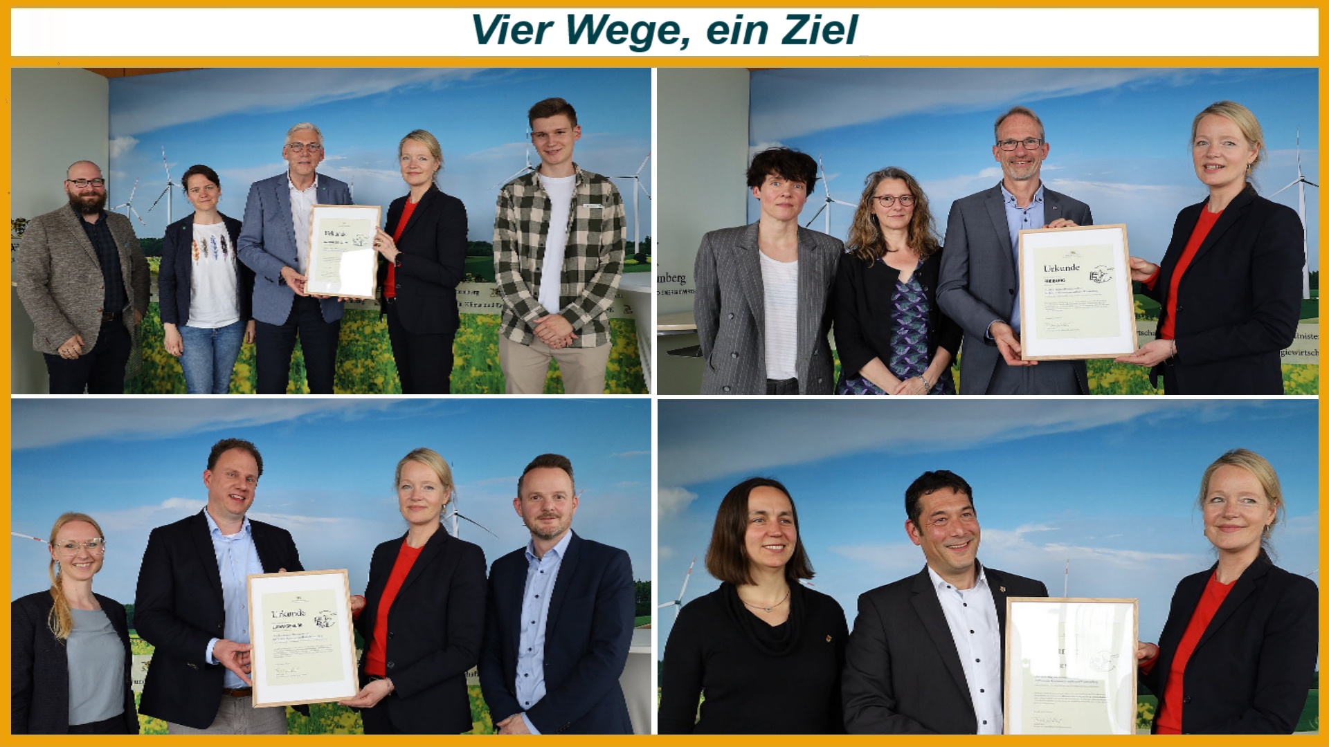 Collage der Urkundenübergaben an Freiburg, Ludwigsburg, den Landkreis Calw und Denzlingen. Die vier Kommunen und Regionen wollen mit konkreten Klimaschutzmaßnahmen bereits bis 2035 Klimaneutralität erreichen.