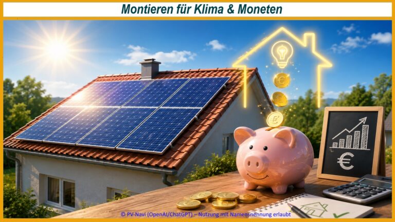 Photovoltaikanlage auf einem Einfamilienhaus mit Sparschwein und Münzen als Symbol für die wirtschaftlichen Vorteile von selbst erzeugtem Solarstrom und langfristig niedrigere Stromkosten.