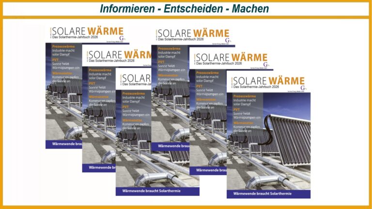 Cover des „Jahrbuchs Solare Wärme 2026“. Die Publikation zeigt die vielfältigen Möglichkeiten, Sonnenenergie neben der Stromerzeugung auch für Gebäudeheizung, Warmwasser, Wärmenetze und industrielle Prozesse zu nutzen.