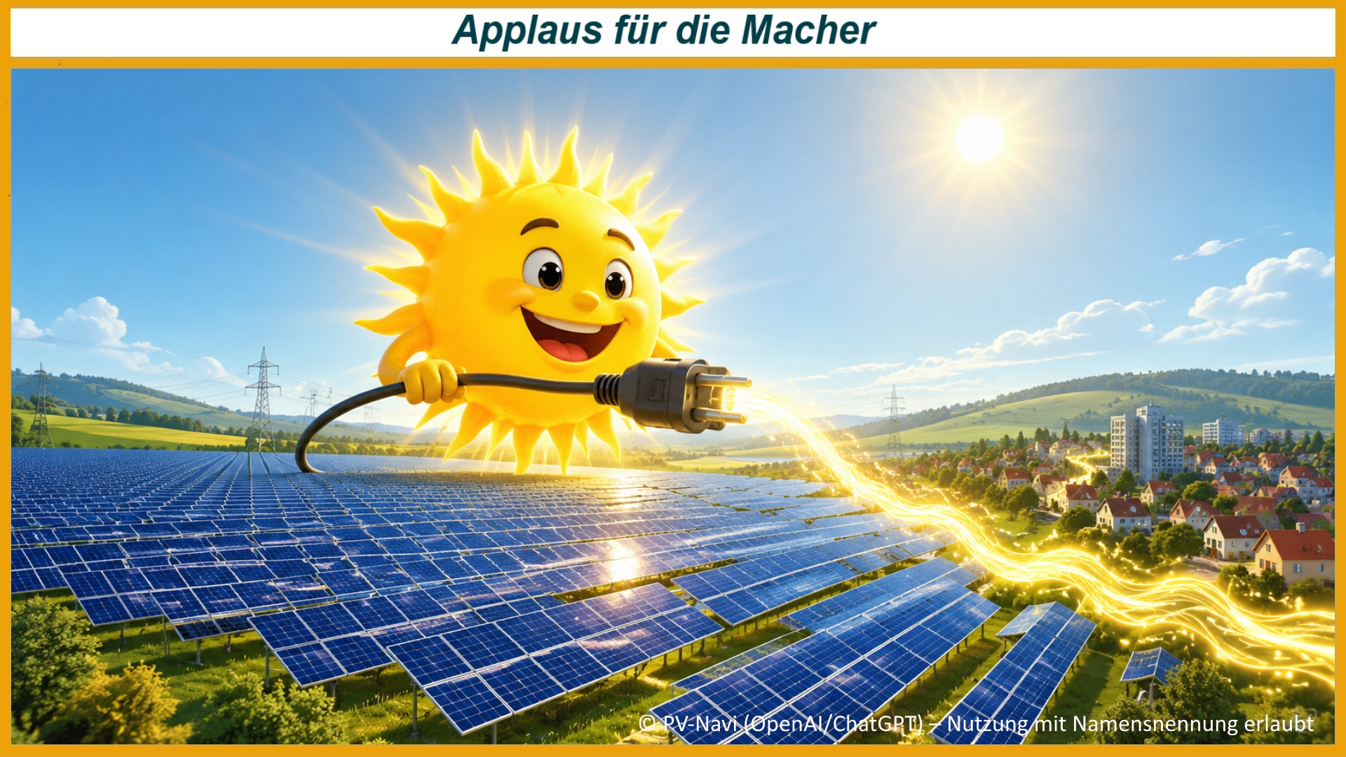 Spielerische Illustration eines großen Solarparks mit einer strahlenden Sonne, die symbolisch Solarstrom ins Netz schickt. Das Motiv würdigt die vielen Menschen und Unternehmen, deren Investitionen den neuen deutschen Solarstromrekord ermöglicht haben.