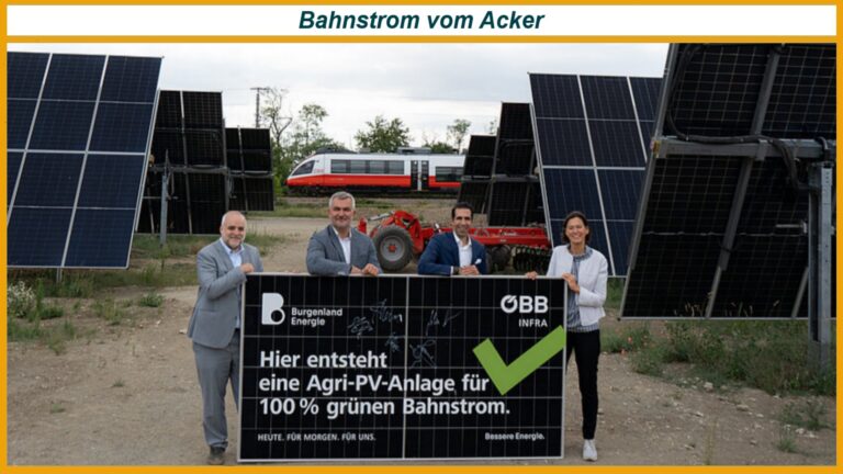 Vertreter von Burgenland Energie, ÖBB, Esterhazy Betriebe und dem Land Burgenland präsentieren in Donnerskirchen die weltweit erste Agri-Photovoltaikanlage mit Trackersystem zur Erzeugung von grünem Bahnstrom.