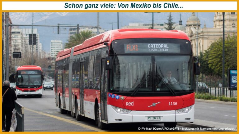 Elektrobusse im Stadtverkehr als Symbol für den rasanten Ausbau der Elektromobilität in Lateinamerika. Inzwischen sind mehr als 10.000 Elektrobusse in über 80 Städten und 13 Ländern im regulären Betrieb.