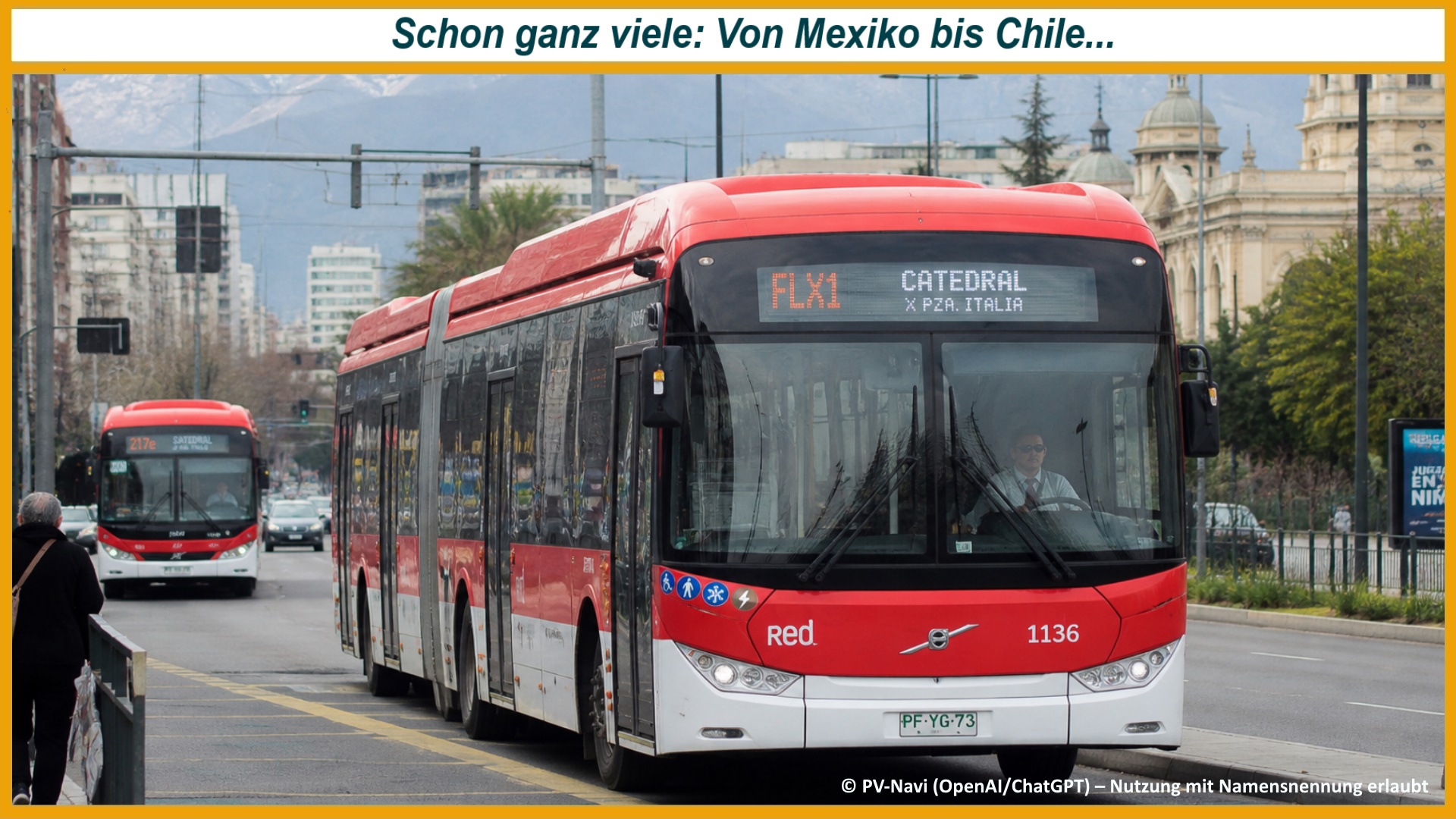 Elektrobusse im Stadtverkehr als Symbol für den rasanten Ausbau der Elektromobilität in Lateinamerika. Inzwischen sind mehr als 10.000 Elektrobusse in über 80 Städten und 13 Ländern im regulären Betrieb.