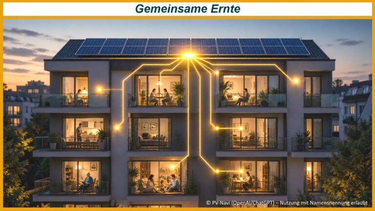Photovoltaikanlage auf einem Mehrfamilienhaus verteilt gemeinsam erzeugten Solarstrom auf verschiedene Wohnungen und Bewohner.