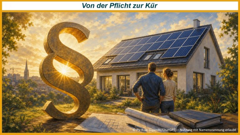 Symbolisches Gemälde zur Solarpflicht mit Paragraphenzeichen, Wohnhaus und Photovoltaikanlage auf dem Dach.