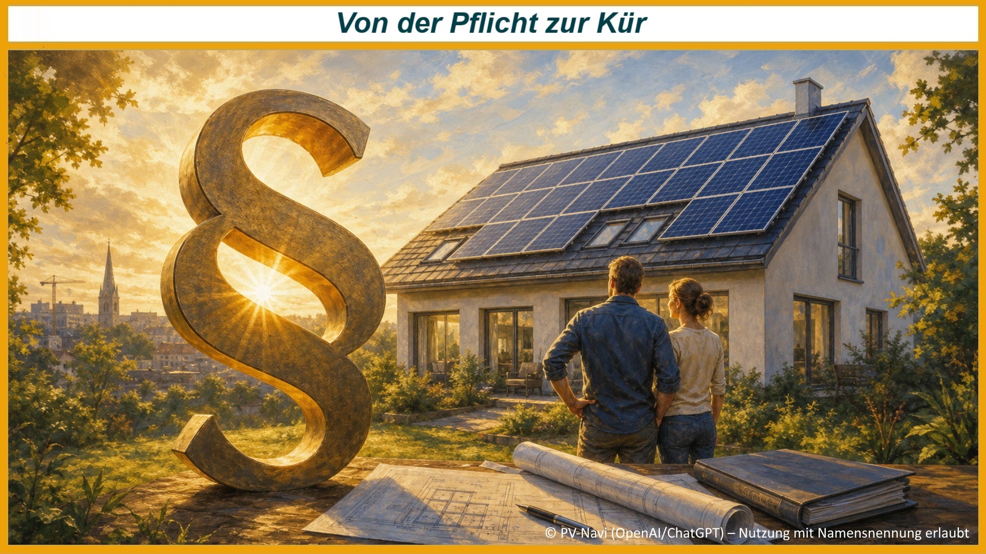 Symbolisches Gemälde zur Solarpflicht mit Paragraphenzeichen, Wohnhaus und Photovoltaikanlage auf dem Dach.