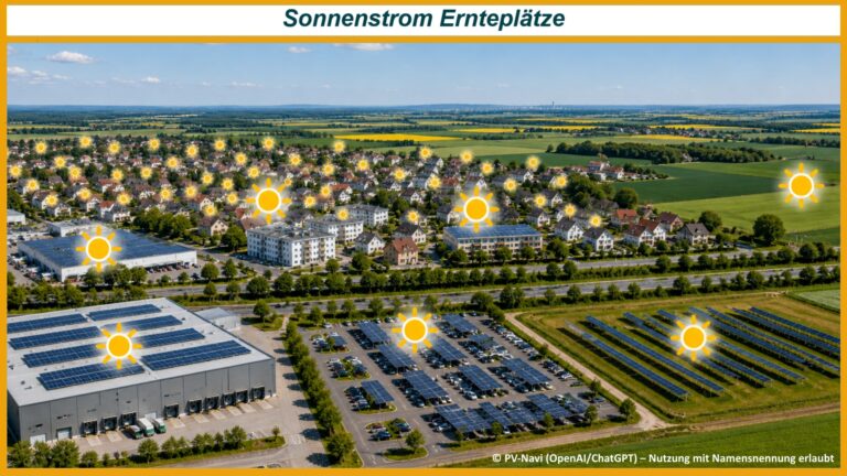 Blick auf eine Stadt mit Wohnhäusern, Gewerbeflächen, Parkplätzen und umliegender Landwirtschaft. Die Sonnen markieren beispielhaft die vielen unterschiedlichen Flächen, auf denen Photovoltaik bereits genutzt wird oder künftig Solarstrom erzeugt werden könnte.