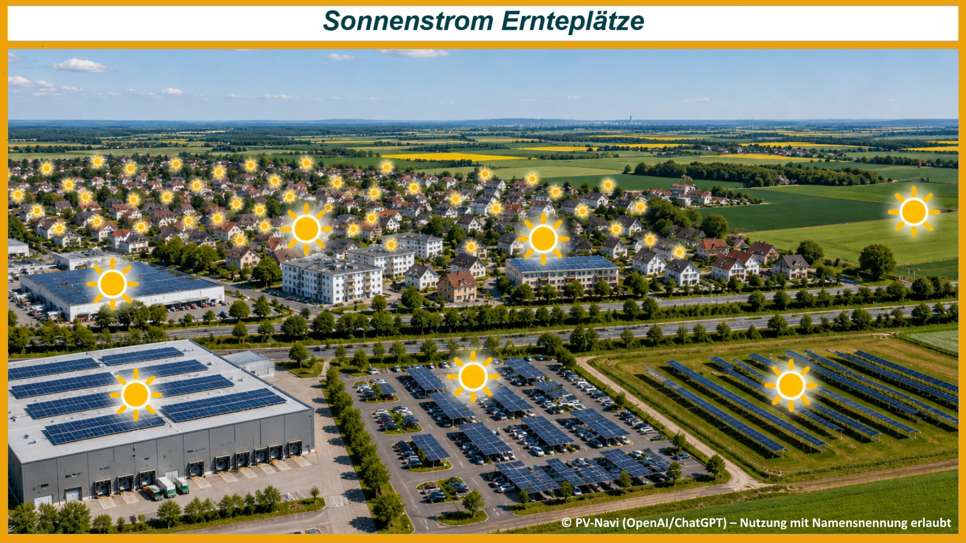 Blick auf eine Stadt mit Wohnhäusern, Gewerbeflächen, Parkplätzen und umliegender Landwirtschaft. Die Sonnen markieren beispielhaft die vielen unterschiedlichen Flächen, auf denen Photovoltaik bereits genutzt wird oder künftig Solarstrom erzeugt werden könnte.