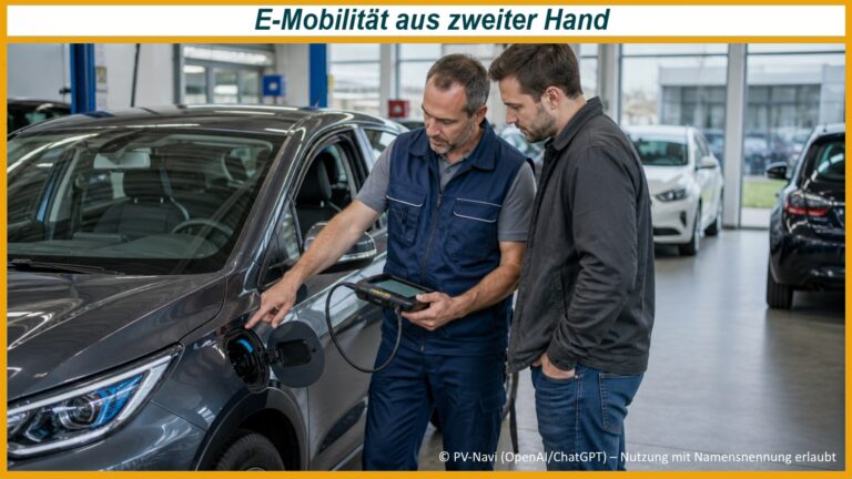 Fachmann überprüft den Batteriezustand eines gebrauchten Elektroautos gemeinsam mit einem Kaufinteressenten.
