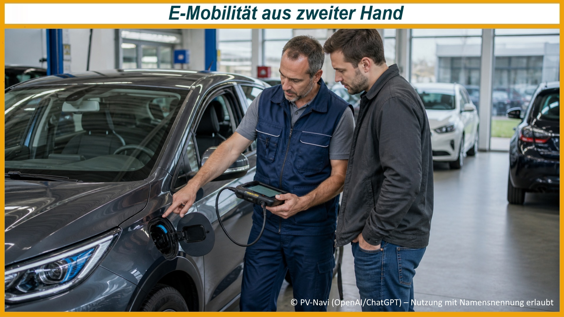 Fachmann überprüft den Batteriezustand eines gebrauchten Elektroautos gemeinsam mit einem Kaufinteressenten.