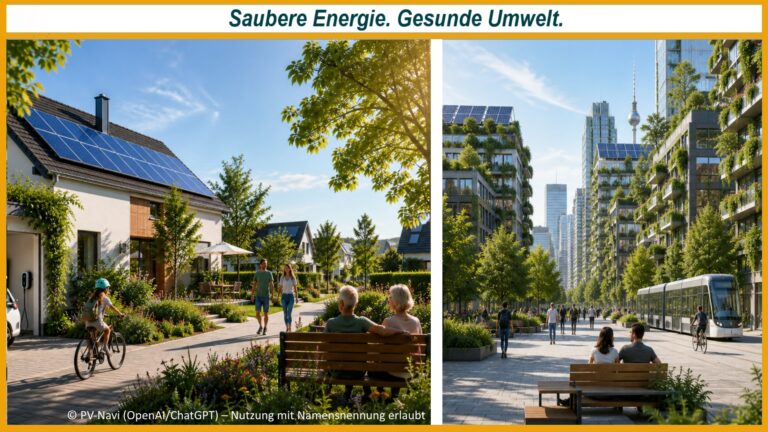 Lebenswertes Wohnquartier mit Photovoltaik, Elektroauto, Fahrradfahrern und viel Grün als Symbol für nachhaltige Energiewende.