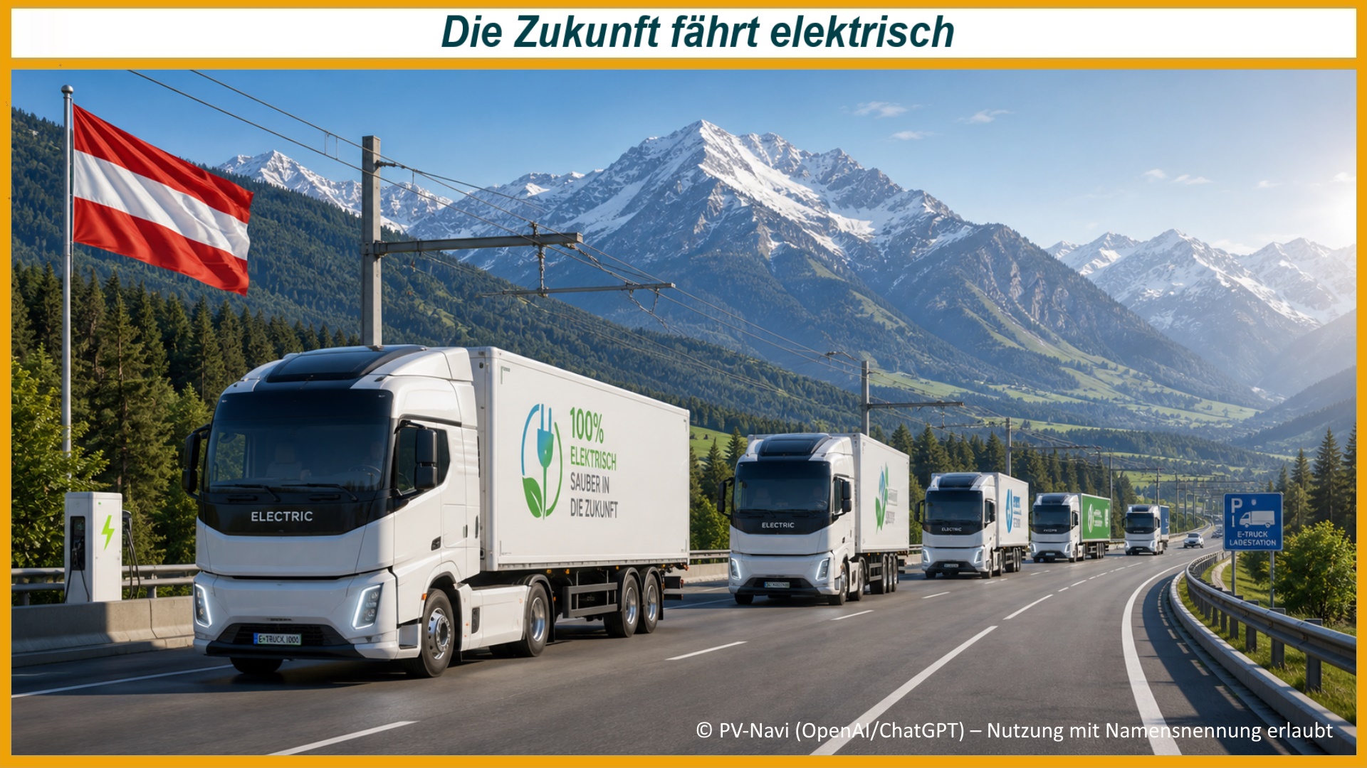 Mehrere schwere Elektro-Lkw fahren auf einer österreichischen Autobahn vor Alpenkulisse und symbolisieren die Verkehrswende.