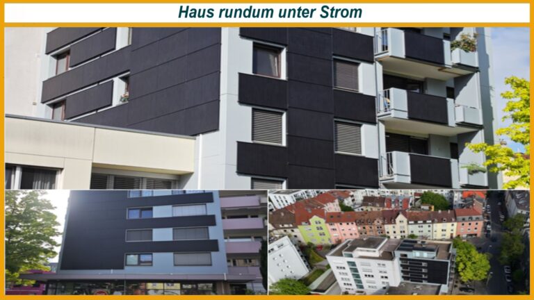 Mehrere Ansichten der Photovoltaikfassade eines Wohn und Geschäftshauses in Konstanz Petershausen mit integrierten Solarmodulen.