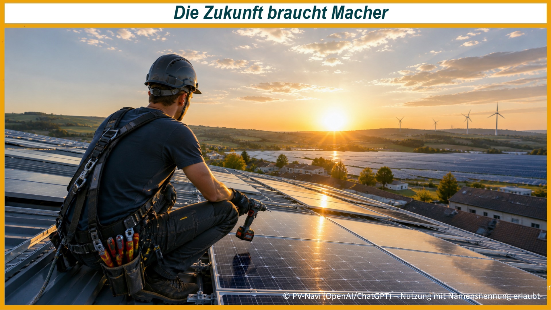 Solarteur arbeitet auf einem Photovoltaikdach mit Blick auf weitere Solaranlagen und Windräder.