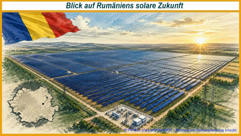 Illustration eines riesigen Solarparks in Rumänien mit Photovoltaikflächen, Strominfrastruktur und rumänischer Flagge.