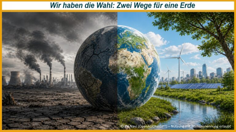 Geteilte Erde zwischen fossiler Umweltzerstörung und einer grünen Zukunft mit Photovoltaik und Windenergie.