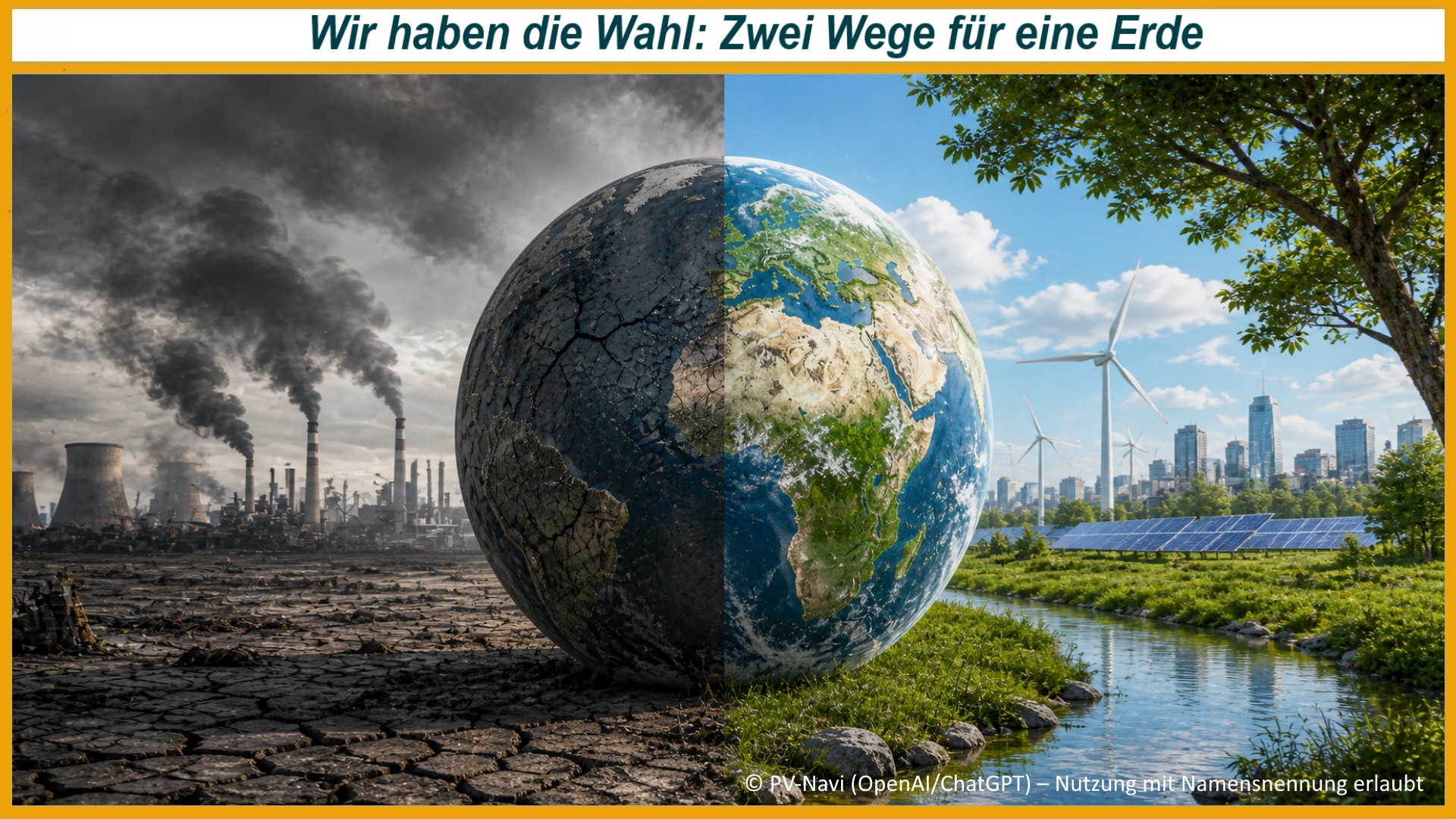 Geteilte Erde zwischen fossiler Umweltzerstörung und einer grünen Zukunft mit Photovoltaik und Windenergie.
