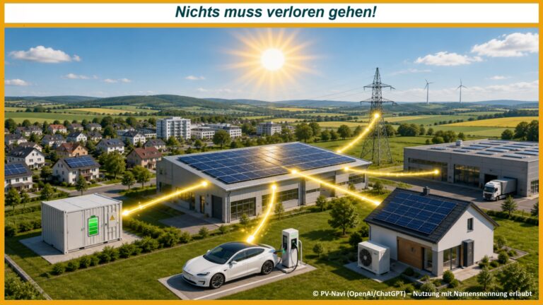 Illustration einer vernetzten Energieversorgung mit Photovoltaik, Batteriespeicher, Elektroauto, Wärmepumpe und Stromnetz.