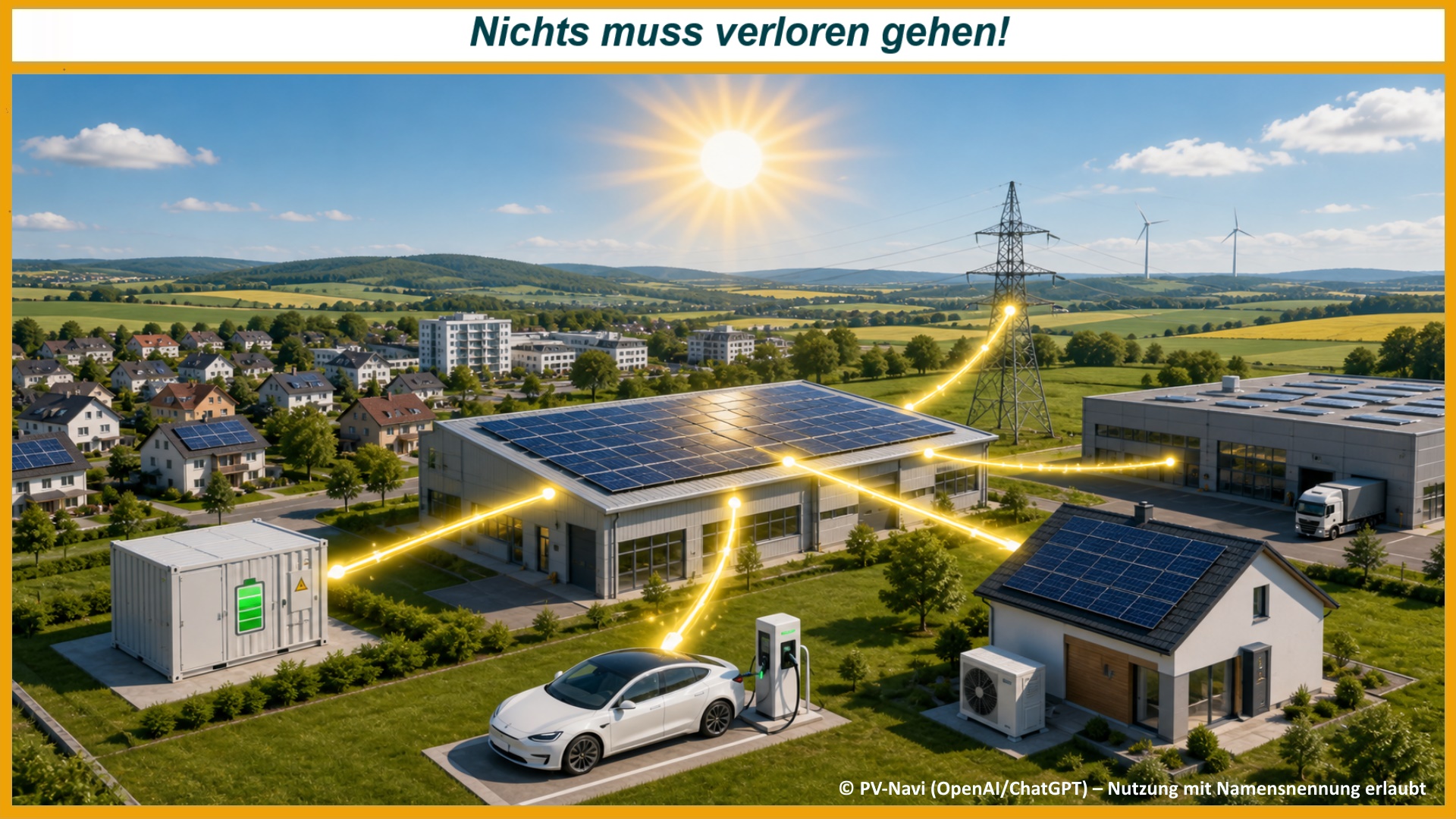 Illustration einer vernetzten Energieversorgung mit Photovoltaik, Batteriespeicher, Elektroauto, Wärmepumpe und Stromnetz.