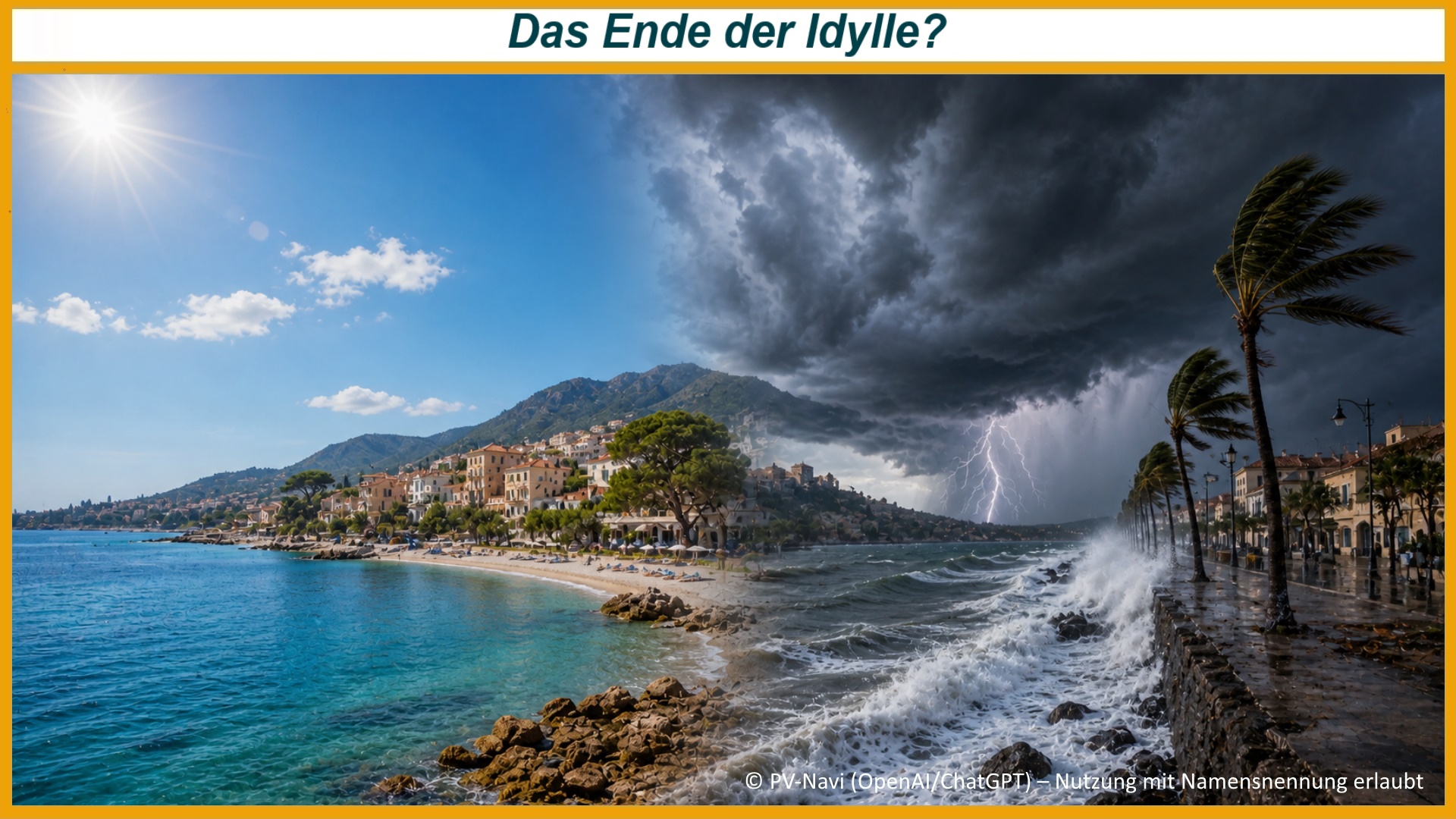 Mittelmeerküste zwischen strahlendem Sonnenschein und heftigem Unwetter mit Sturm, hohen Wellen und Blitzen.
