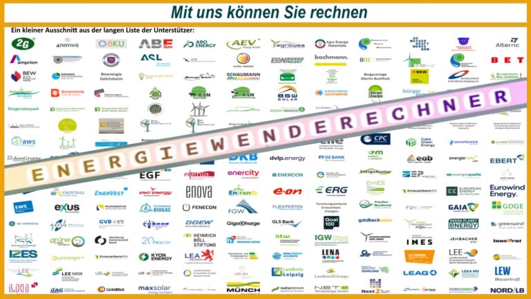 Zahlreiche Logos der Unterstützer des neuen Energiewenderechners zeigen die breite Zusammenarbeit für die regionale Energiewende.