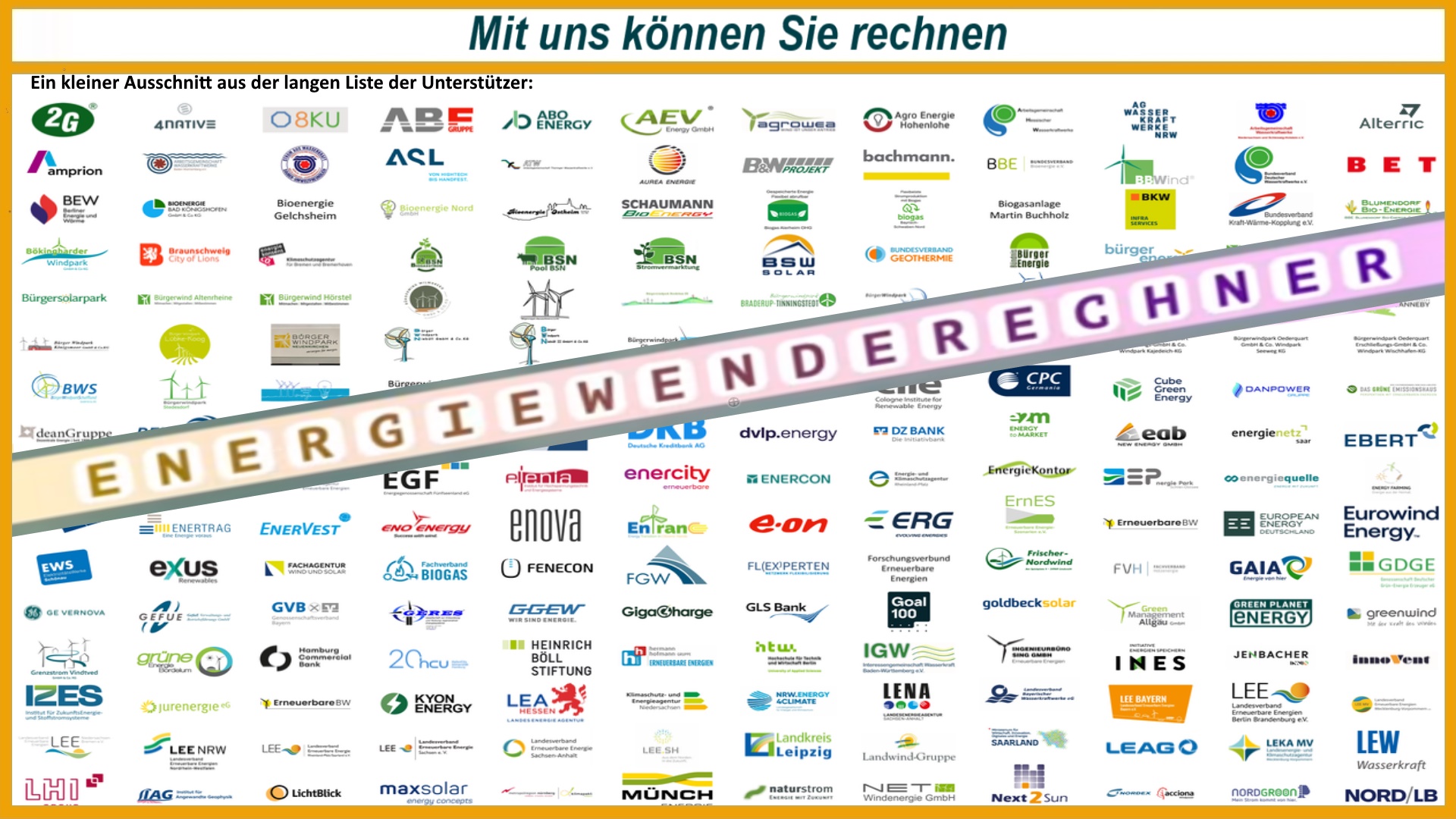 Zahlreiche Logos der Unterstützer des neuen Energiewenderechners zeigen die breite Zusammenarbeit für die regionale Energiewende.