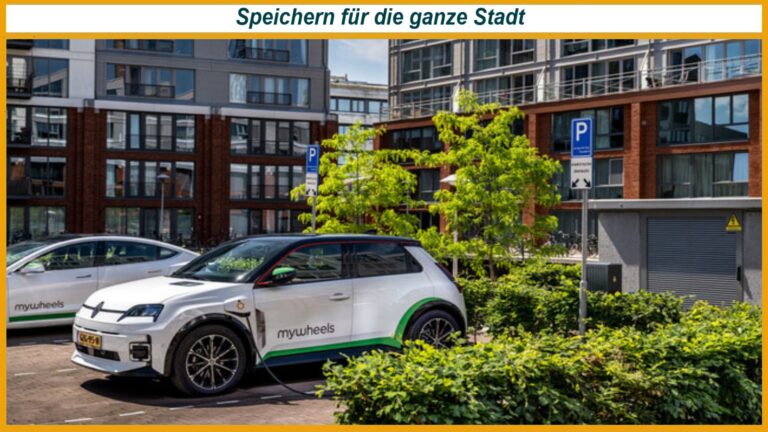 Bidirektional ladende Elektroautos in Utrecht dienen beim Carsharing gleichzeitig als mobile Speicher für erneuerbaren Strom.