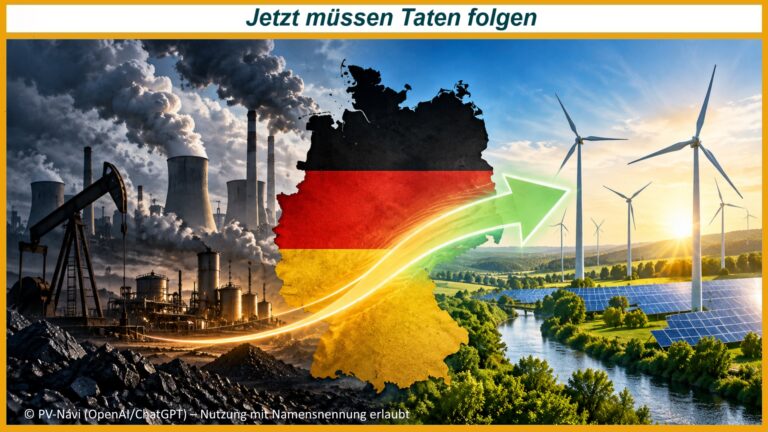 Deutschlandkarte zwischen fossiler Energiegewinnung und einer Zukunft mit Photovoltaik, Windkraft und erneuerbaren Energien.