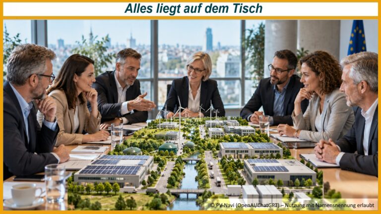Unternehmerinnen und Unternehmer beraten an einem Tisch mit einem Modell aus Photovoltaik, Windenergie und grüner Infrastruktur.