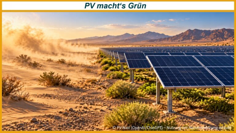 Solarpark in einer trockenen Wüstenlandschaft mit Vegetation zwischen den Photovoltaikmodulen und aufgewirbeltem Wüstenstaub daneben.