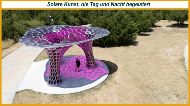 Farbenfrohe, sechseckige Solarskulptur Hexalumina in Dallas mit verzweigter Tragkonstruktion und lichtdurchlässigen Dachelementen.