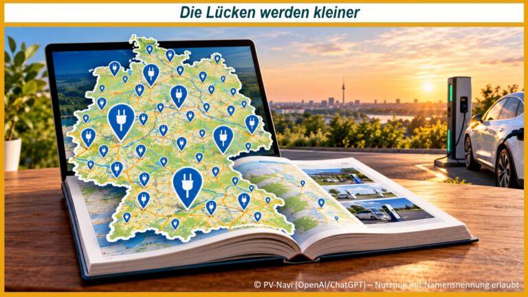 Aufgeschlagener Atlas mit Deutschlandkarte und Ladesäule als symbolische Darstellung des wachsenden öffentlichen Ladenetzes.