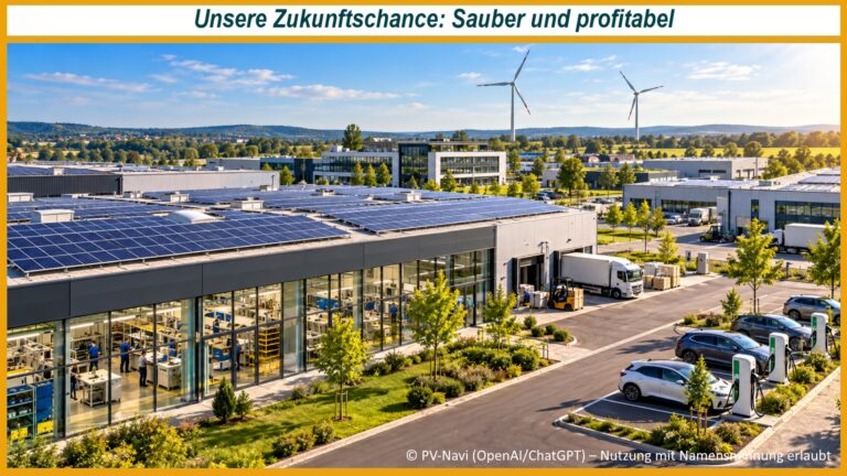Modernes Gewerbegebiet mit Solaranlagen auf Hallendächern, Windrädern, Elektrofahrzeugen, Beschäftigten und begrünten Außenflächen bei Sonnenschein.