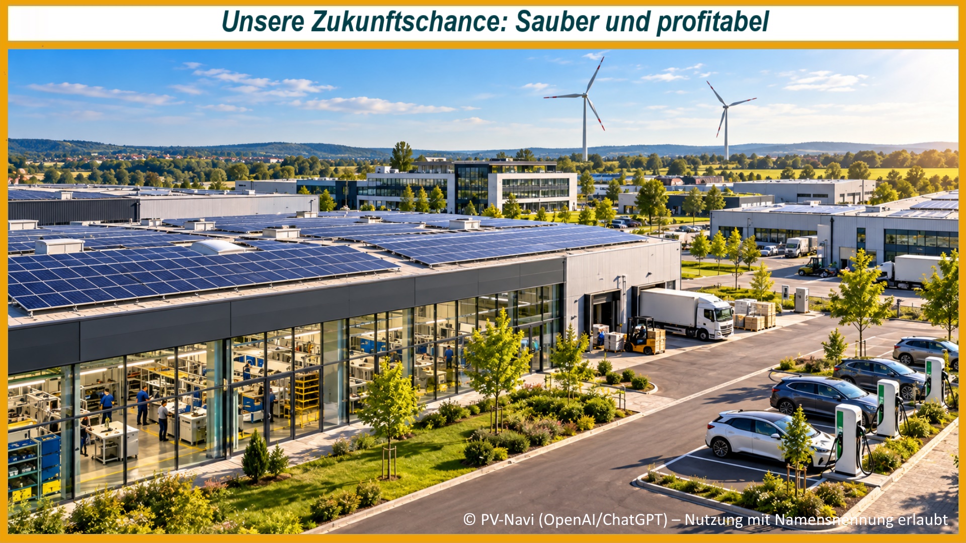 Modernes Gewerbegebiet mit Solaranlagen auf Hallendächern, Windrädern, Elektrofahrzeugen, Beschäftigten und begrünten Außenflächen bei Sonnenschein.