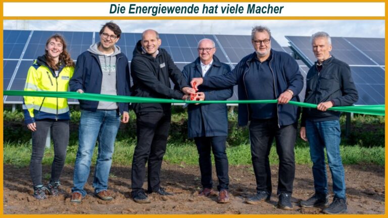 Vertreter von Green Planet Energy, Green Planet Projects, der Gemeinde und Landkraft Bürgerenergien bei der Solarpark-Eröffnung in Dedendorf.